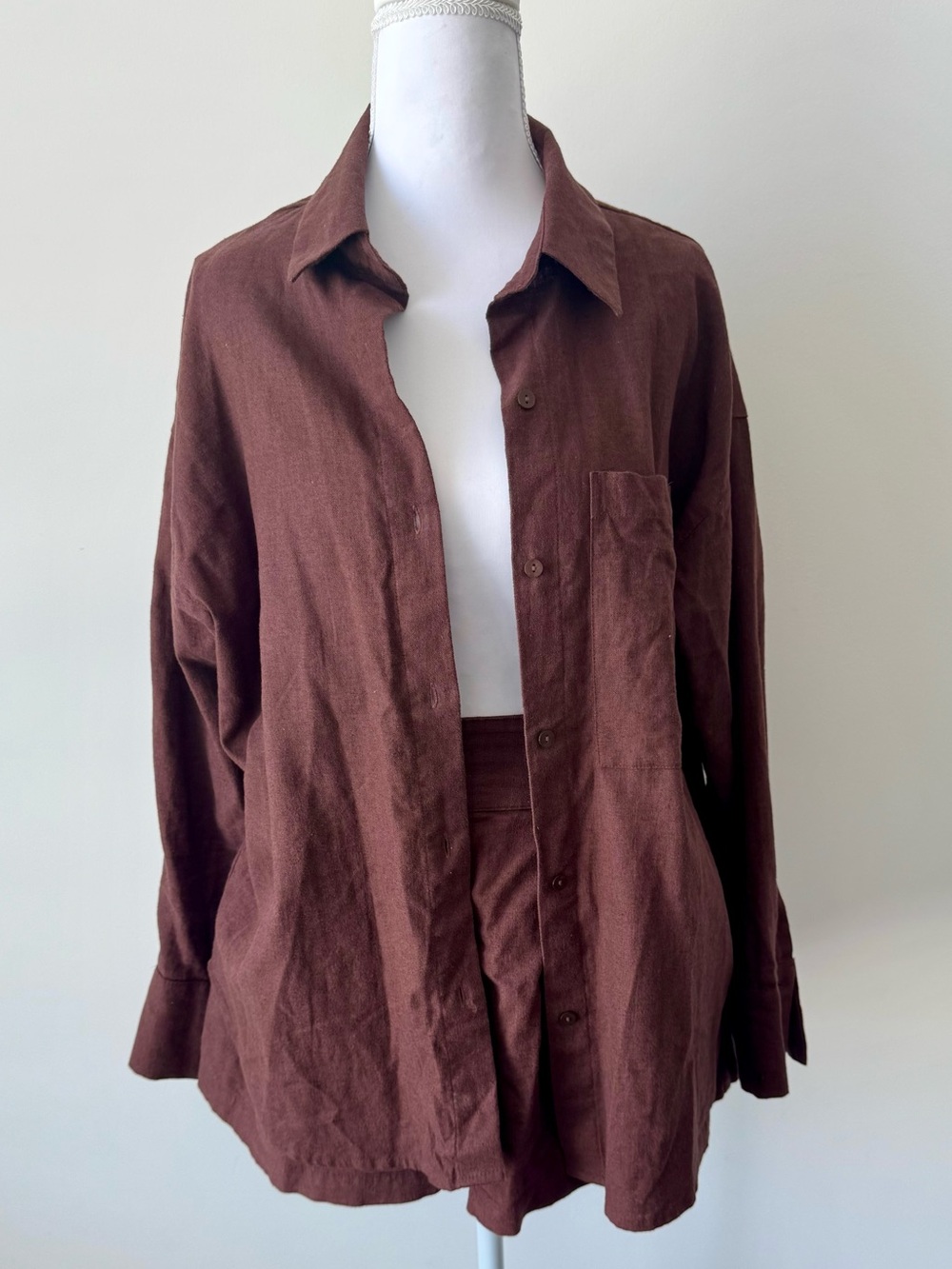 Abercrombie Linen Blend Oversized Shirt & Shorts Set - Dark Brown 🤎
